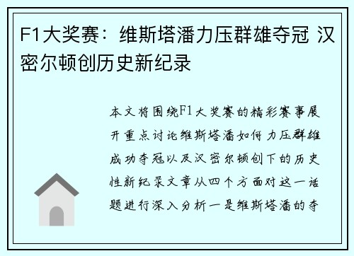 F1大奖赛：维斯塔潘力压群雄夺冠 汉密尔顿创历史新纪录