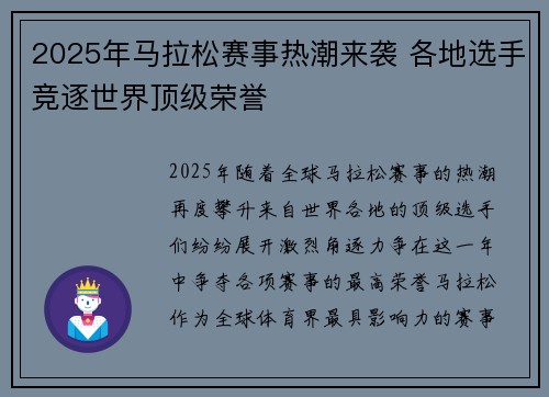 2025年马拉松赛事热潮来袭 各地选手竞逐世界顶级荣誉
